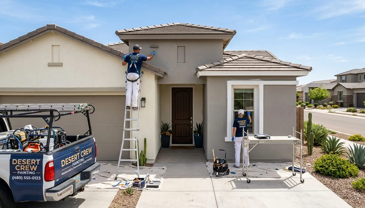 Professional house painters working on a Scottsdale AZ home exterior repaint project
